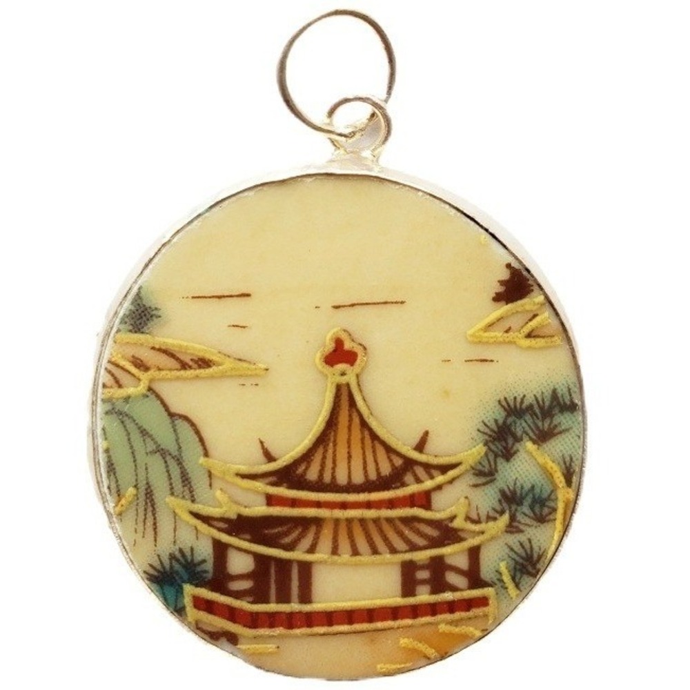 Vintage Japanese Pagoda Round Pendant Brown Asian Landscape Pottery Shard Circle